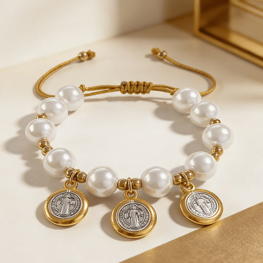 Knotted Cord Pearl Bracelet With St. Benedict Charms: Symbol of Celestial Blessing