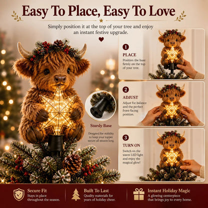 🎄 64% OFF | Highland Cow Christmas Tree Topper – Cozy Glowing Star Decoration ✨