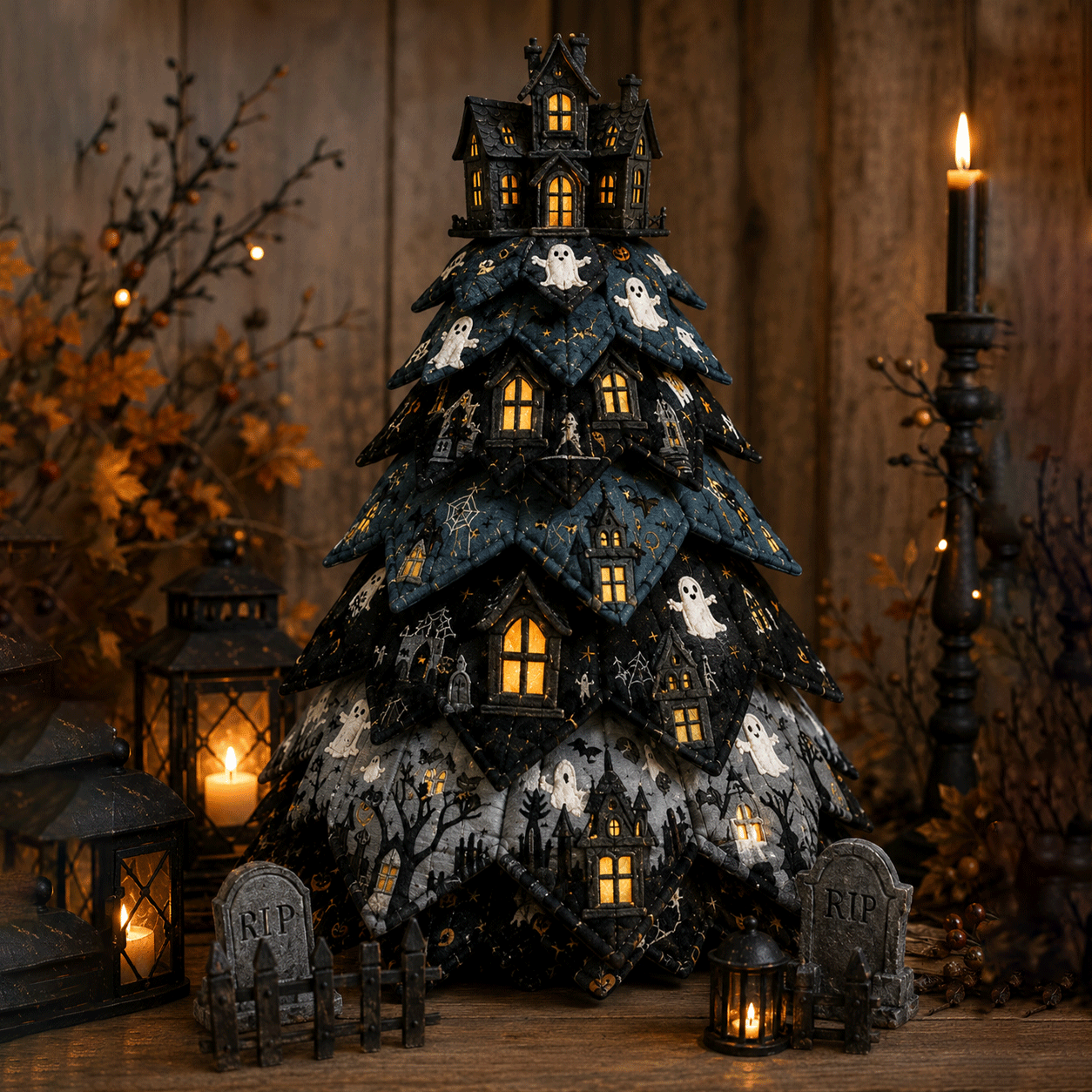 Moonlit Black Cat - DIY Halloween Theme Quilted Fabric Tree Kit