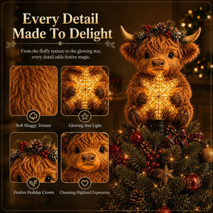 🎄 64% OFF | Highland Cow Christmas Tree Topper – Cozy Glowing Star Decoration ✨
