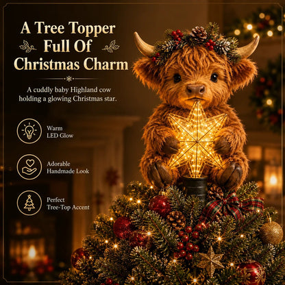 🎄 64% OFF | Highland Cow Christmas Tree Topper – Cozy Glowing Star Decoration ✨