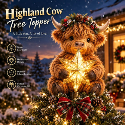🎄 64% OFF | Highland Cow Christmas Tree Topper – Cozy Glowing Star Decoration ✨