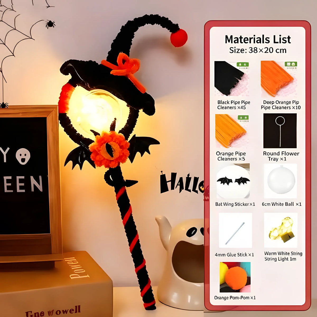 Halloween DIY Craft Kit LED Glowing Witch Magic Wand, Pipe Cleaners