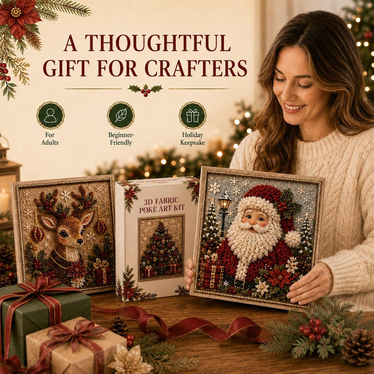 🔥Christmas Discount 59% Off🎅 3D Christmas Fabric Poke‐Art Craft Kit | Framed Shelf‐Ready Festive Decor